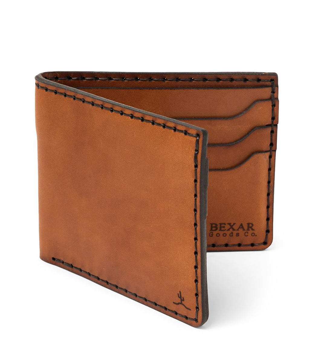 brown leather six pocket bifold wallet interior and exterior view 