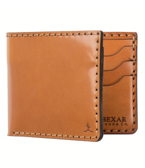 Whiskey cordovan and brown leather six pocket bifold wallet