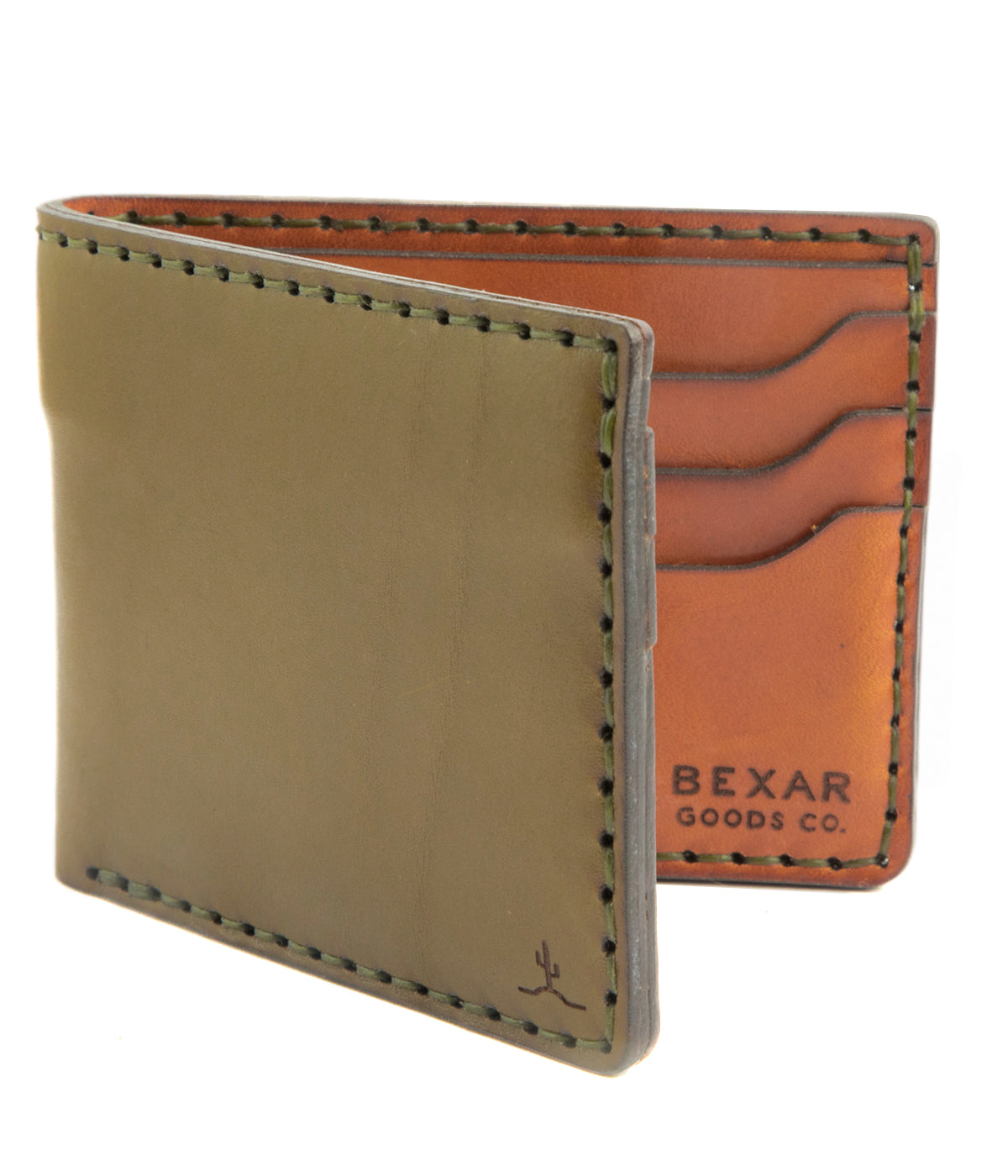 green exterior and brown interior leather six pocket bifold wallet