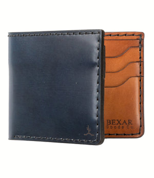 blue cordovan and brown leather six pocket bifold wallet