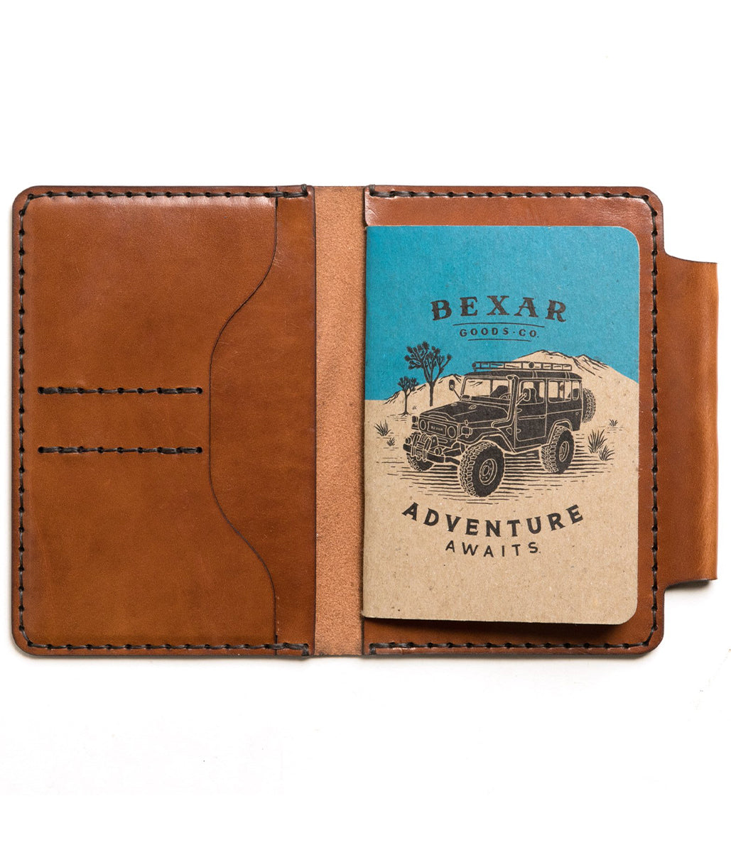 interior view of notebook wallet with card sleeves and passport sleeve