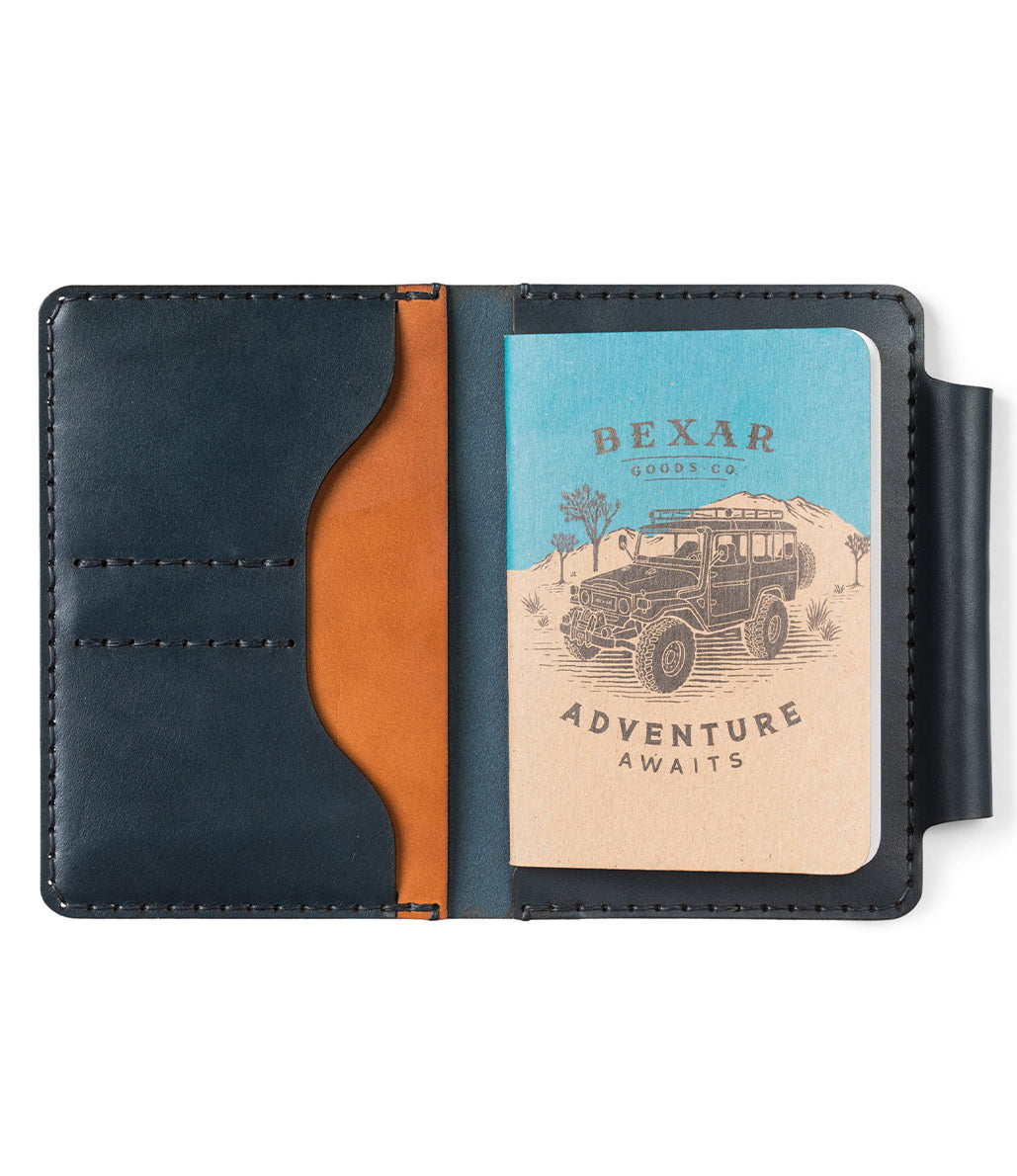 blue and brown leather notebook wallet with 4x4 journal book