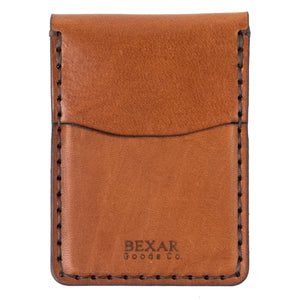 rear view of brown leather card wallet with leather closure