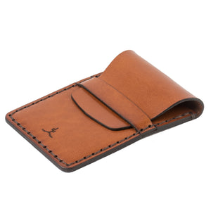 side profile view of brown leather card wallet with leather closure