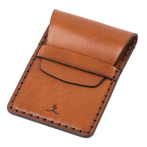 front side view of brown leather card wallet with leather closure