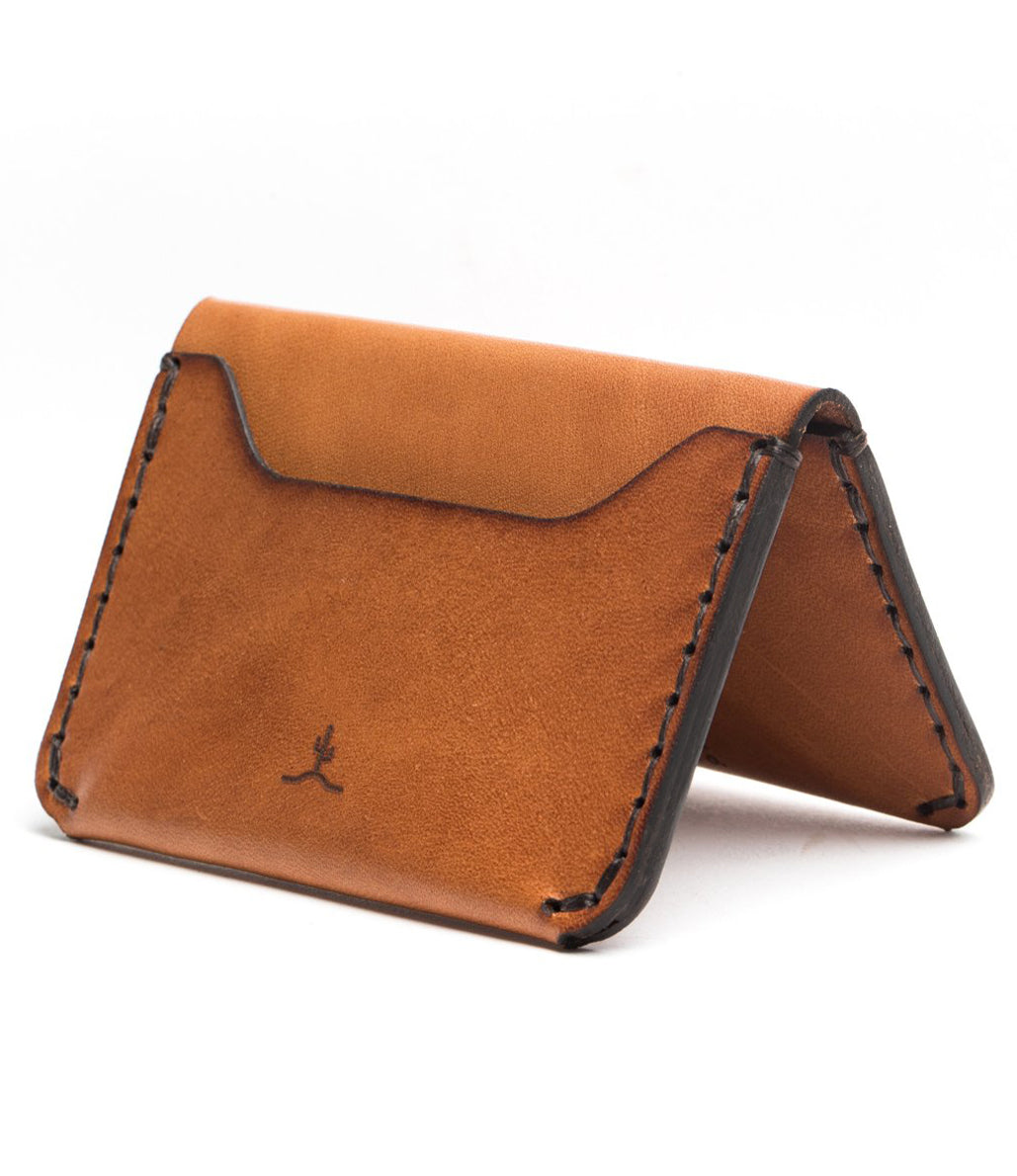 folded view of three card brown leather wallet
