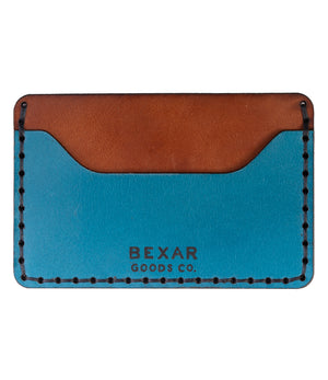 blue and brown slim wallet- two pocket with one center divider