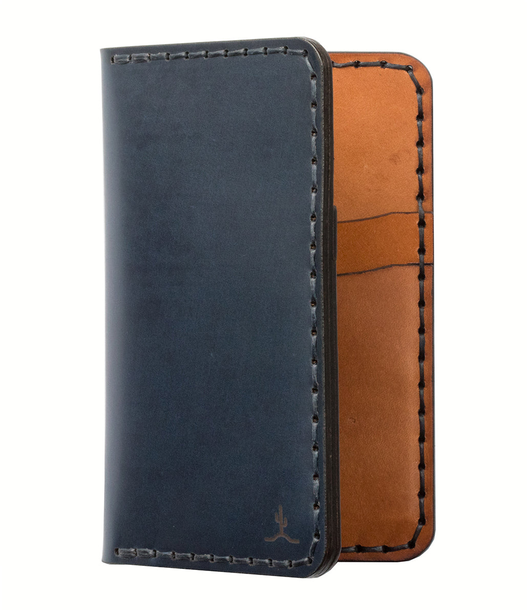 blue cordovan and brown leather four pocket vertical wallet