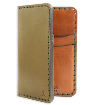 green and brown leather four card vertical wallet
