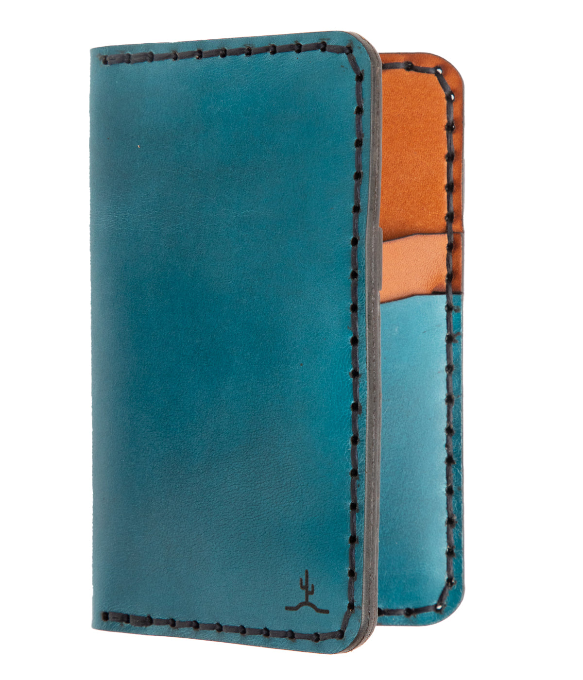 blue exterior and brown interior leather wallet with four card pockets