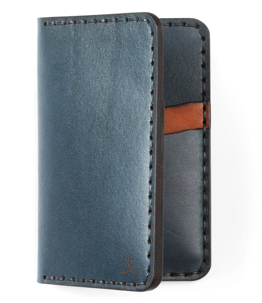 blue and brown leather  four pocket vertical wallet