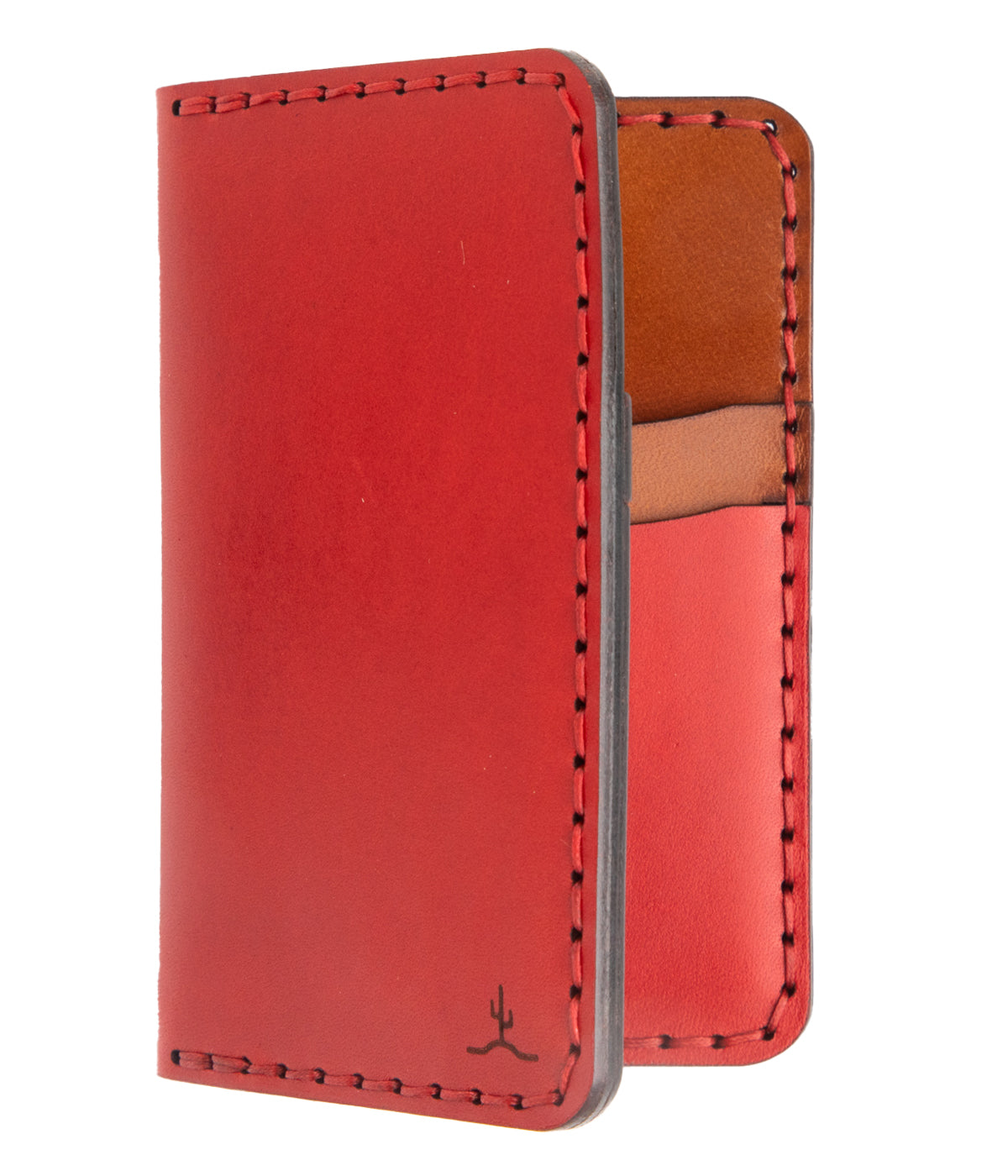 red exterior and brown interior leather wallet with four card pockets