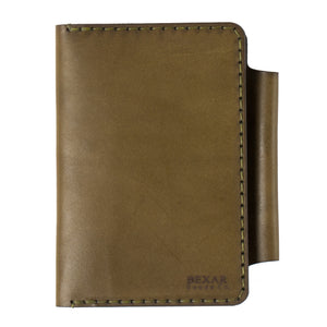 closed view of green and brown leather notebook wallet with two card pockets