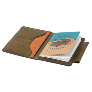 open profile view of green and brown leather notebook wallet with two card pockets