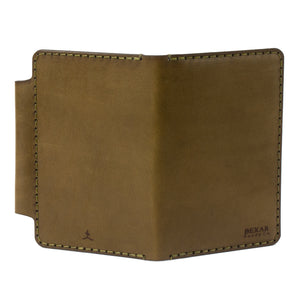 open exterior view of green and brown leather notebook wallet with two card pockets