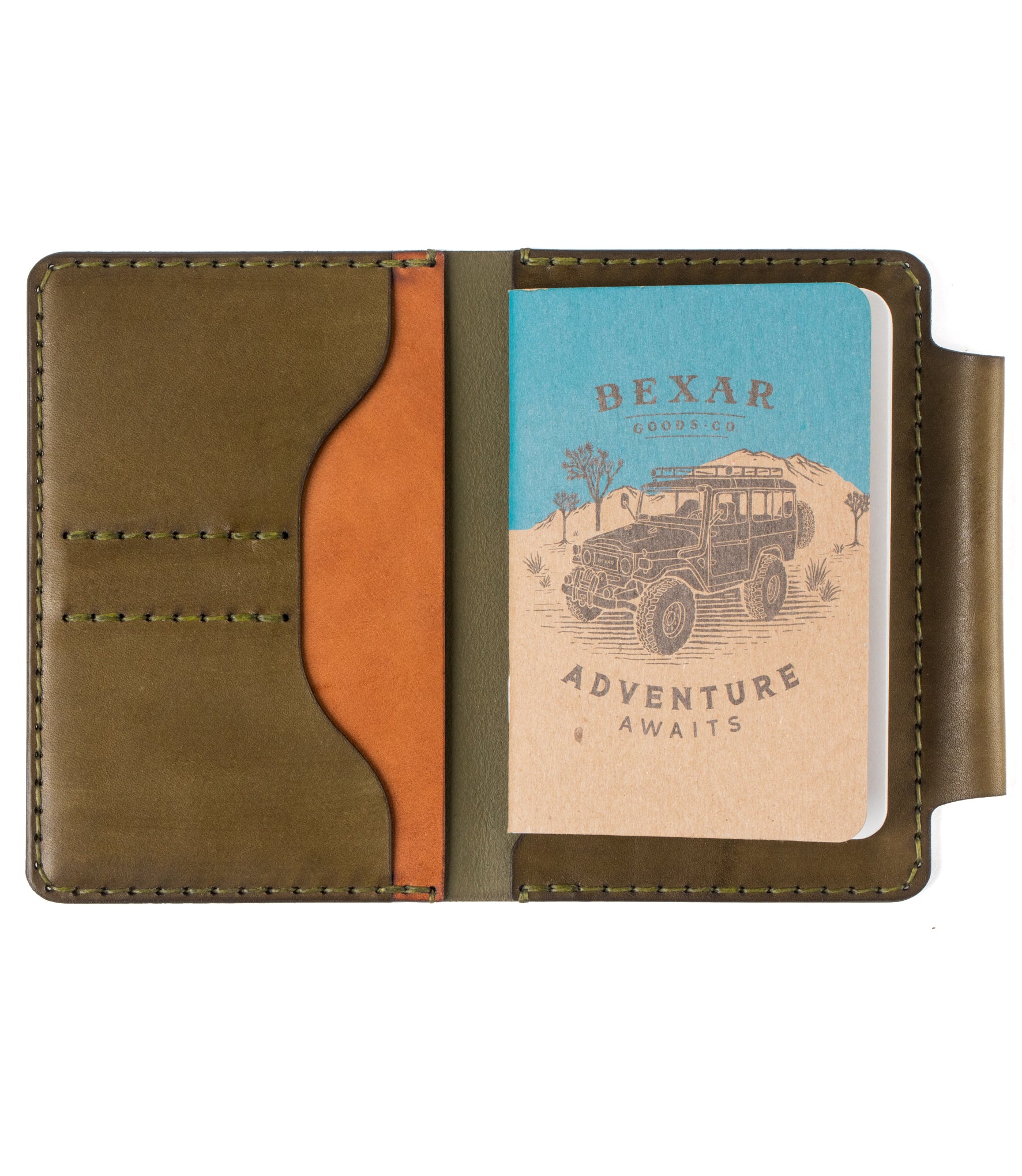 green and brown leather notebook wallet with two card pockets