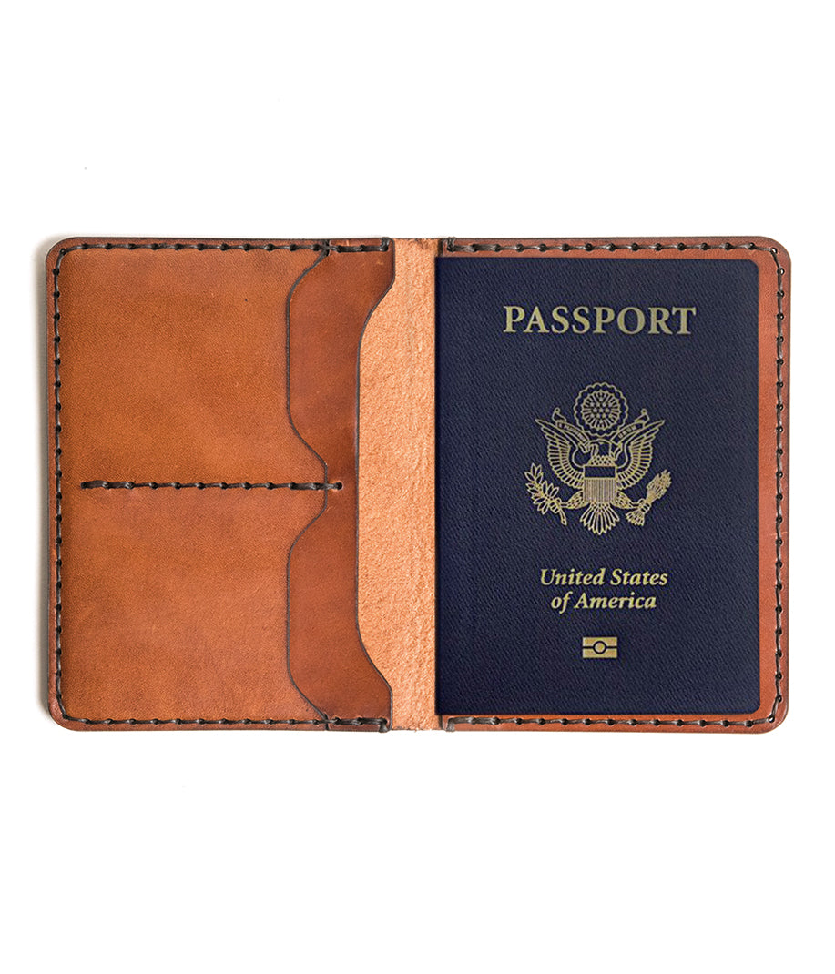 brown leather passport wallet with two card pockets and internal sleeve