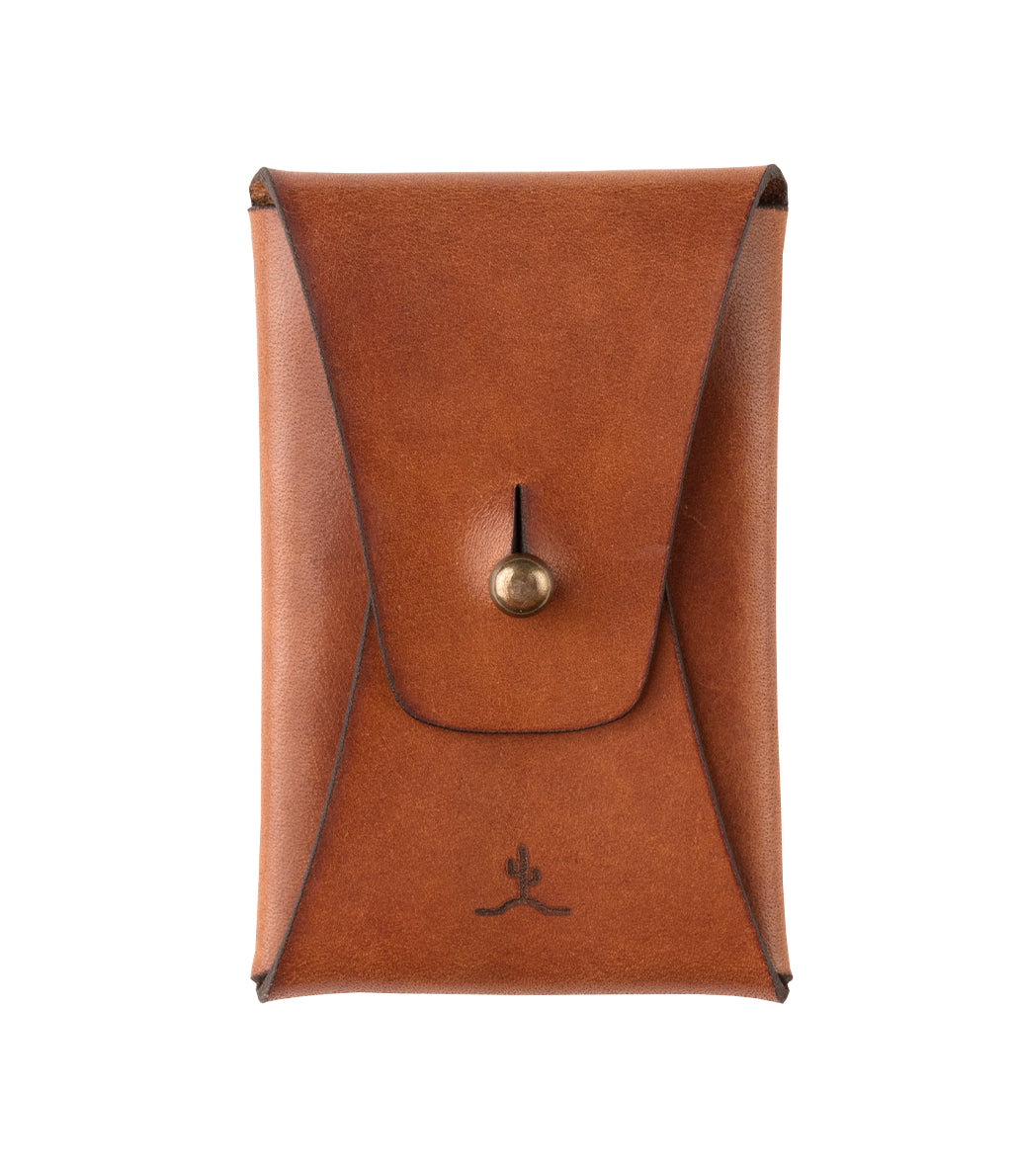 brown leather folding card wallet with brass nipple closure