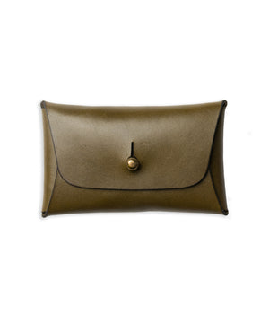 green leather folding card wallet with brass stud closure