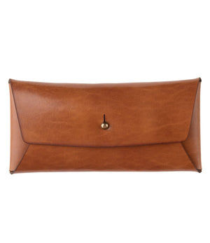 brown leather folding clutch wallet with brass nipple closure